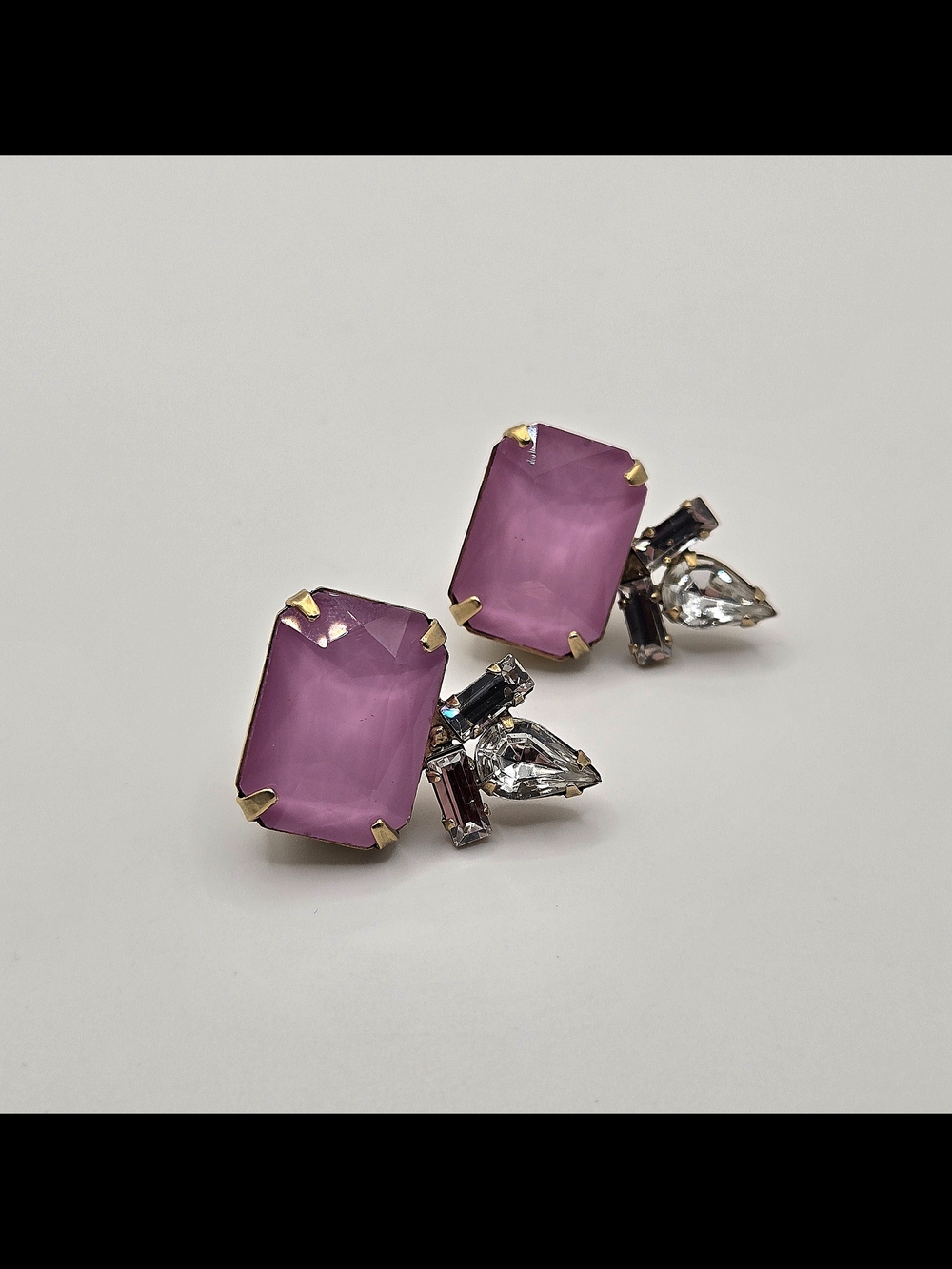 Vintage Brass & Crystal Statement Stud Earrings – Mauve Pink Glass | Art Deco